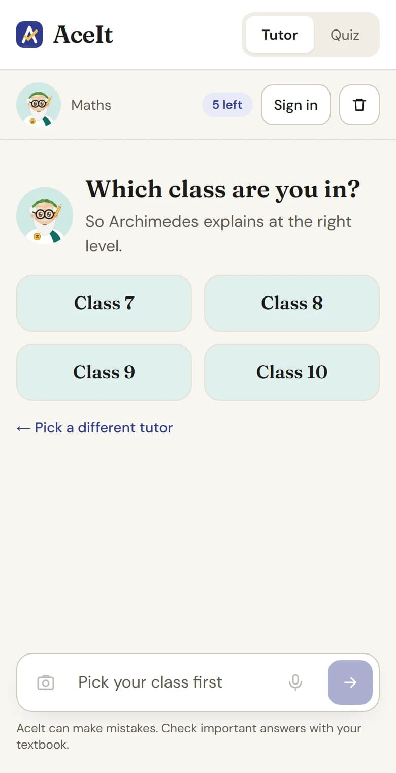 Archimedes asking which class you are in, with buttons for Class 7 to 10