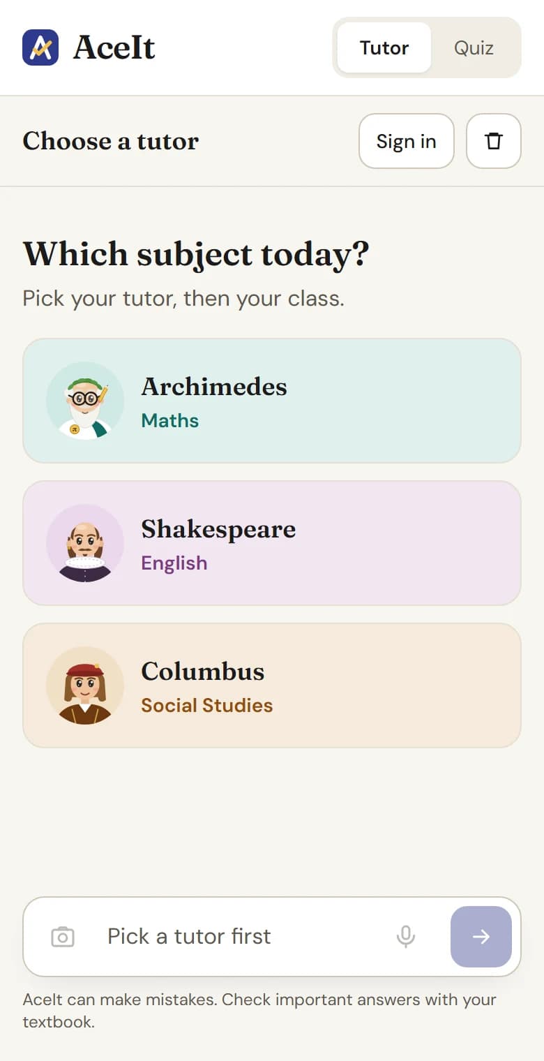 The tutor page asking which subject today, with Archimedes, Shakespeare and Columbus
