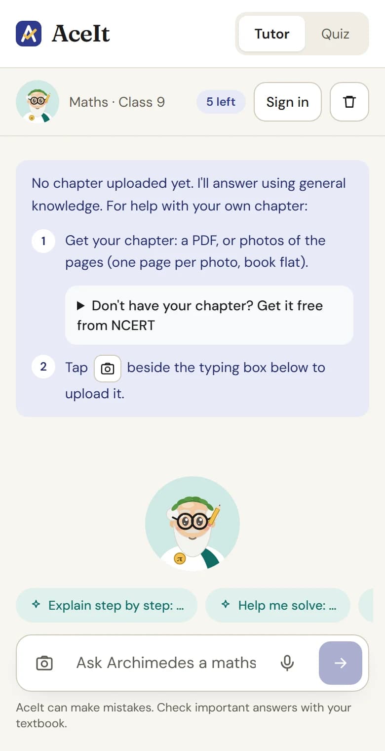 The chat with Archimedes before a chapter is uploaded; the camera button sits beside the typing box