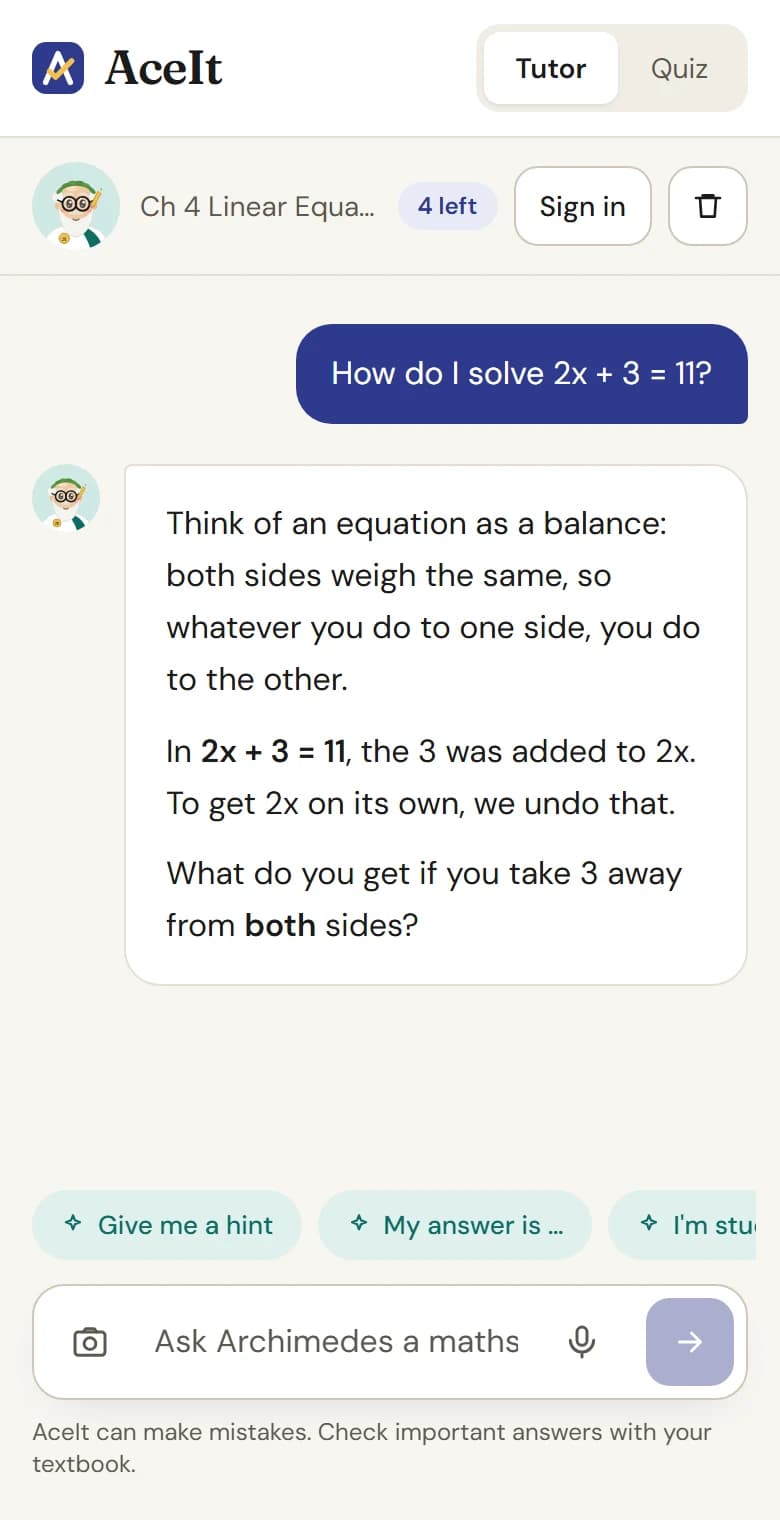 A student asks Archimedes how to solve 2x + 3 = 11 and he guides them with a question